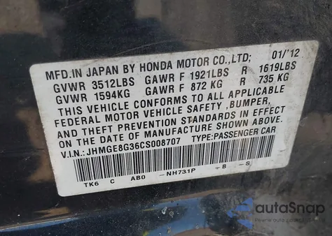 2012 Honda Fit z USA, uszkodzony, nr VIN JHMGE8G36CS008707